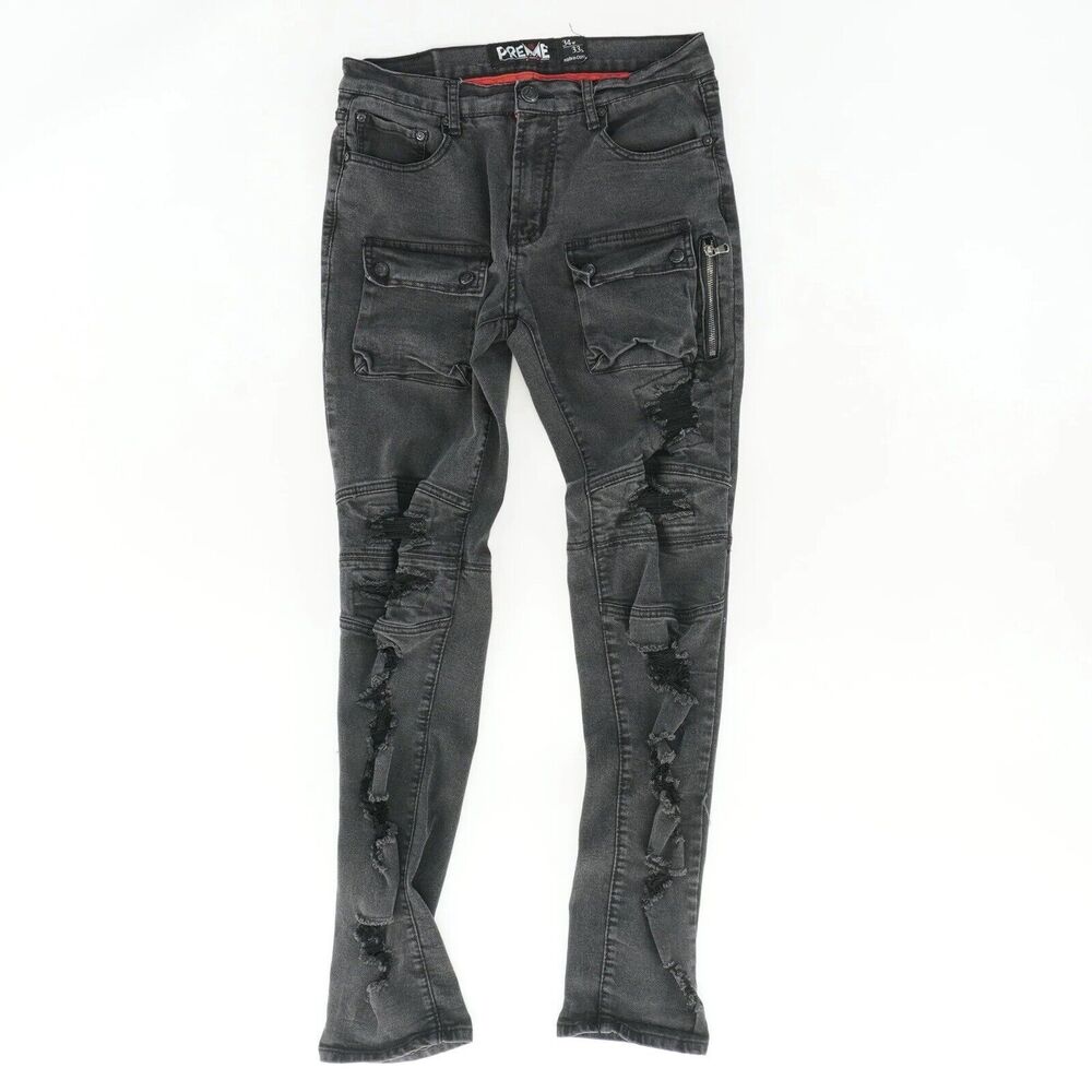 Preme Distressed Jeans Mens 34x33 Skinny Black Denim Zip Urban Streetwear Casual